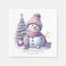 Cute Pink Snowman Winter Birthday Serviette