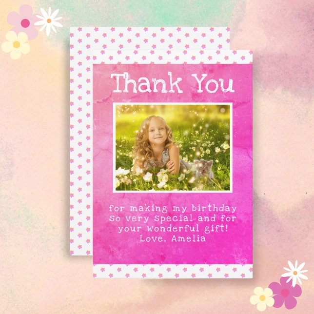 Cute Pink Star Pattern Girl Photo Birthday Dankeskarte (Von Creator hochgeladen)