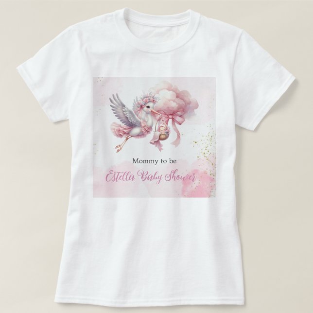 Cute Pink Stork Baby Shower Mommy to Be T-Shirt (Von Creator hochgeladen)