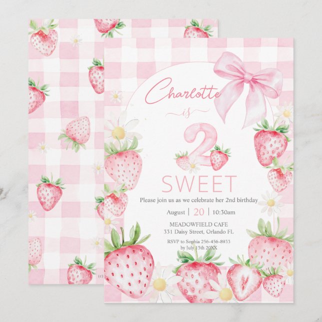 Cute Pink Strawberries Berry 2nd Second Birthday Einladung (Vorne/Hinten)