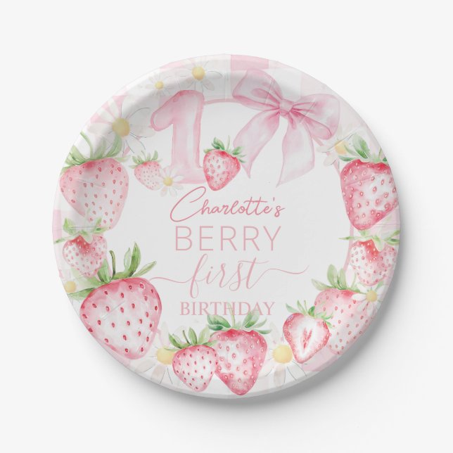 Cute Pink Strawberries Berry First 1st Birthday Pappteller (Vorderseite)