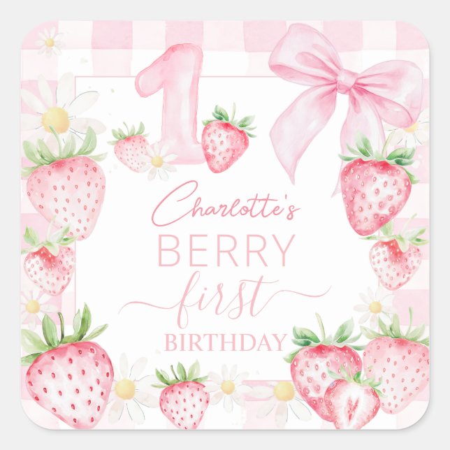 Cute Pink Strawberries Berry First 1st Birthday Quadratischer Aufkleber (Vorderseite)