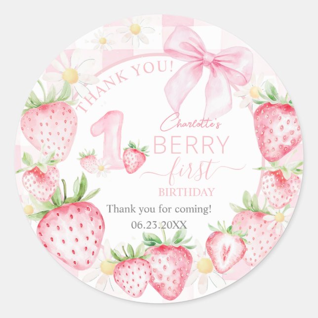 Cute Pink Strawberries Berry First 1st Birthday Runder Aufkleber (Vorderseite)