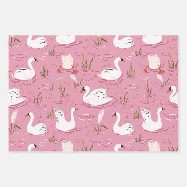 Cute Pink Swan Seamless Pattern Geschenkpapier Set (Vorderseite)