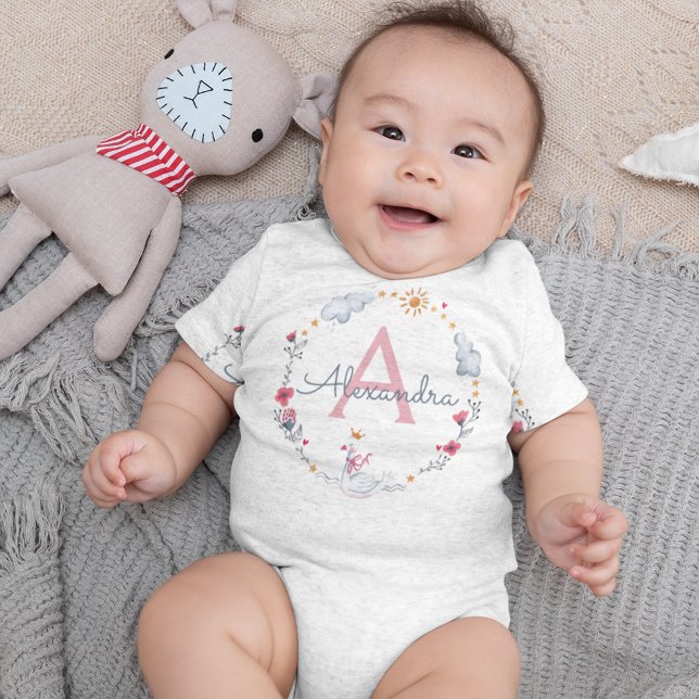 Cute pink swan & sun floral wreath with monogram baby strampler (Von Creator hochgeladen)