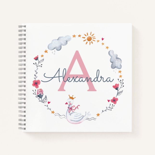 Cute pink swan & sun floral wreath with monogram notizbuch (Vorderseite)