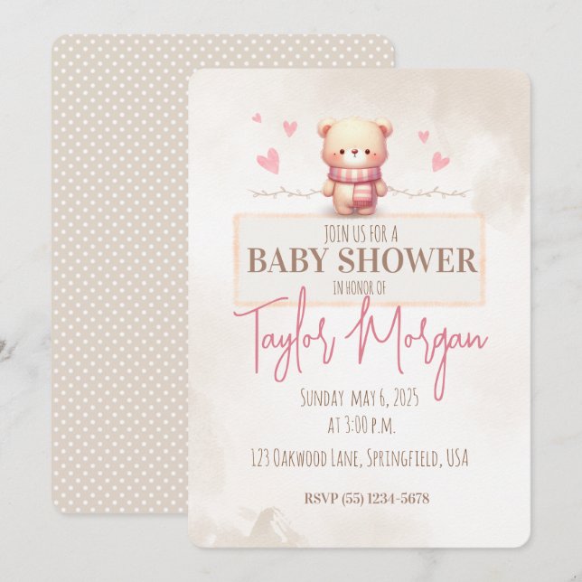 Cute Pink Teddy Bear Baby Shower  Einladung (Vorne/Hinten)