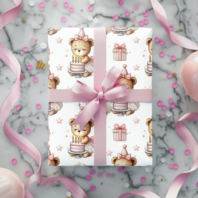 Cute Pink Teddy Bear Birthday Party Wrapping Paper Geschenkpapier (Von Creator hochgeladen)