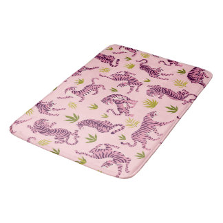 Cute Pink Tigers Tropical Leaves Abstract Animal Badematte