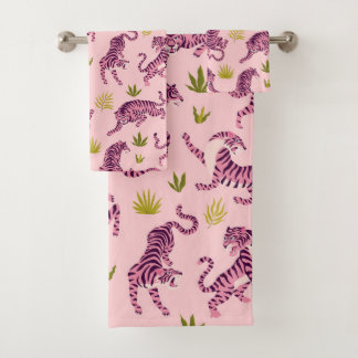 Cute Pink Tigers Tropical Leaves Abstract Animal Badhandtuch Set