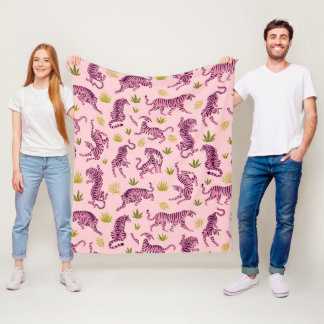 Cute Pink Tigers Tropical Leaves Abstract Animal Fleecedecke