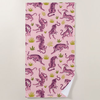 Cute Pink Tigers Tropical Leaves Abstract Animal Strandtuch