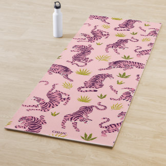 Cute Pink Tigers Tropical Leaves Abstract Animal Yogamatte