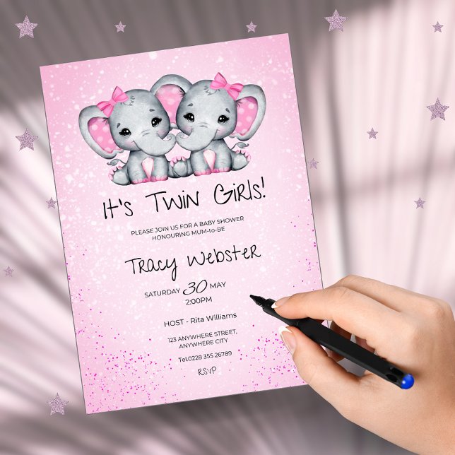 Cute, Pink Twin Baby Elephants Baby Shower  Einladung (Von Creator hochgeladen)