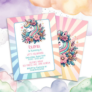 Cute Pink Unicorn thème Invitation de l'anniversai