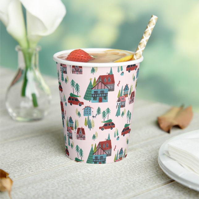 Cute Pink Village Pattern Christmas  Pappbecher (In Situ)