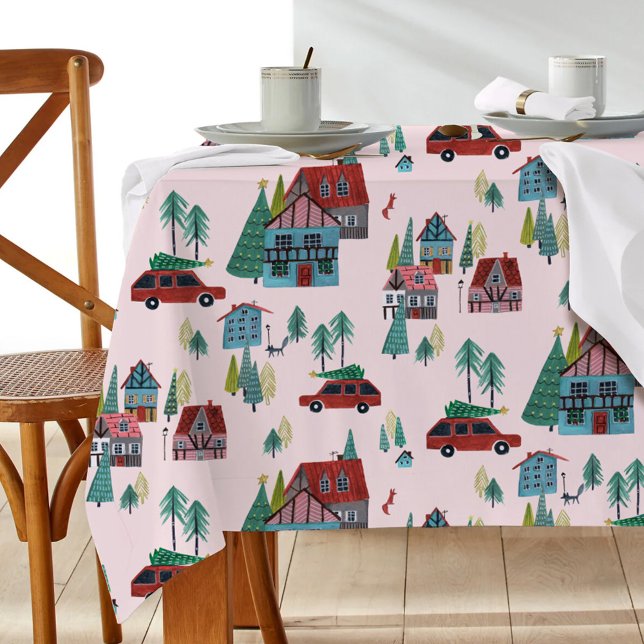 Cute Pink Village Pattern Christmas  Tischdecke (Cute Pink Village Pattern Christmas Tablecloth)