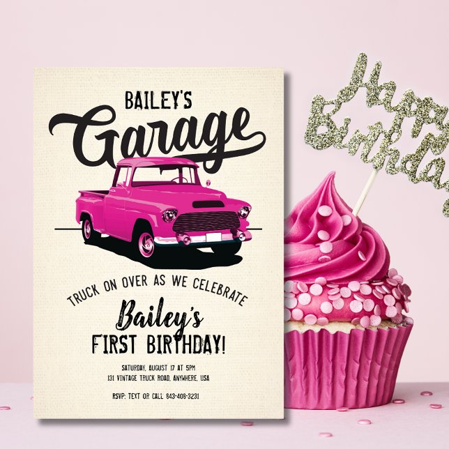 Cute Pink Vintage Truck Invitation Anniversaire (Cute Pink Vintage Truck Birthday Invitation)