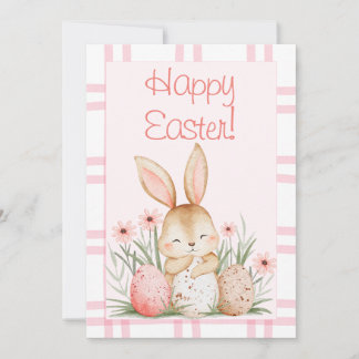 Cute Pink Watercolor Bunny and Easter Eggs Feiertagskarte