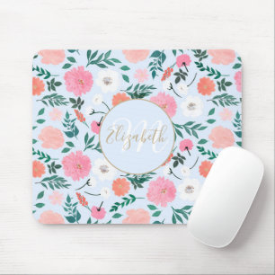 Cute Pink & White Floral Paint Light Blue Design Mousepad