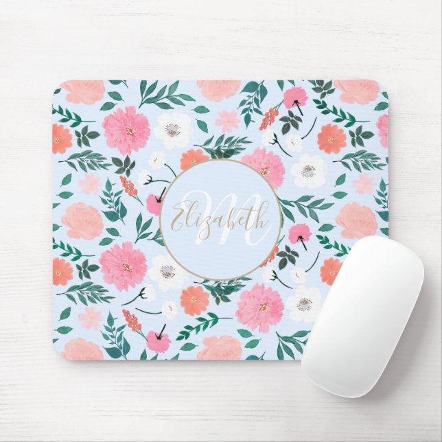 Cute Pink & White Floral Paint Light Blue Design Mousepad (Mit Mouse)