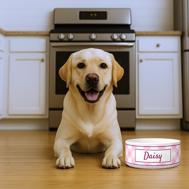 Cute Pink White Gingham Checkered Pattern Name Napf (Von Creator hochgeladen)