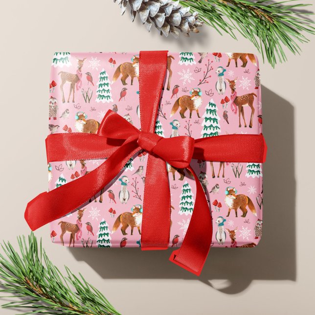 Cute Pink Woodland Animals Christmas Holiday Geschenkpapier (Cute Pink Woodland Animals Christmas Holiday Wrapping Paper)