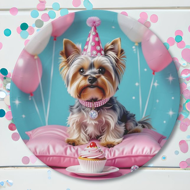 Cute Pink Yorkie Birthday Pappteller (Von Creator hochgeladen)
