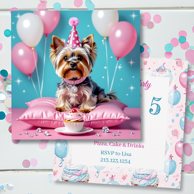 Cute Pink Yorkie Girl's  Birthday Party Einladung (Von Creator hochgeladen)