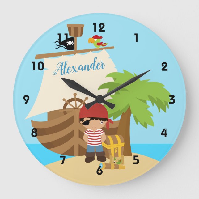 Cute Pirate Boy & A Big Ship Custom Name Große Wanduhr (Vorderseite)