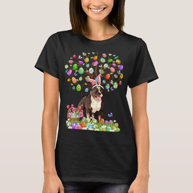 Cute Pitbull Dogs With Bunny Ears Easter Egg Tree  T-Shirt (Vorderseite)
