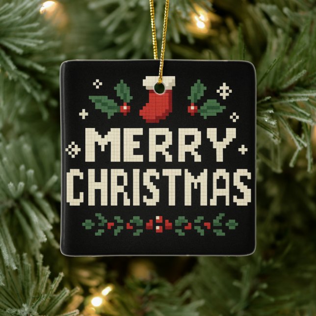 Cute pixel art Merry Christmas Keramikornament (Baum)