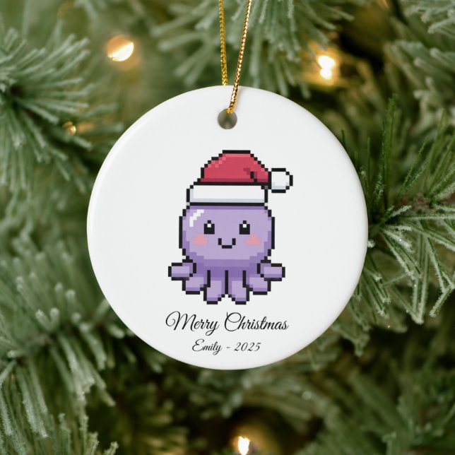 Cute Pixel Art Octopus Santa Hat Christmas Gift Keramik Ornament (Baum)
