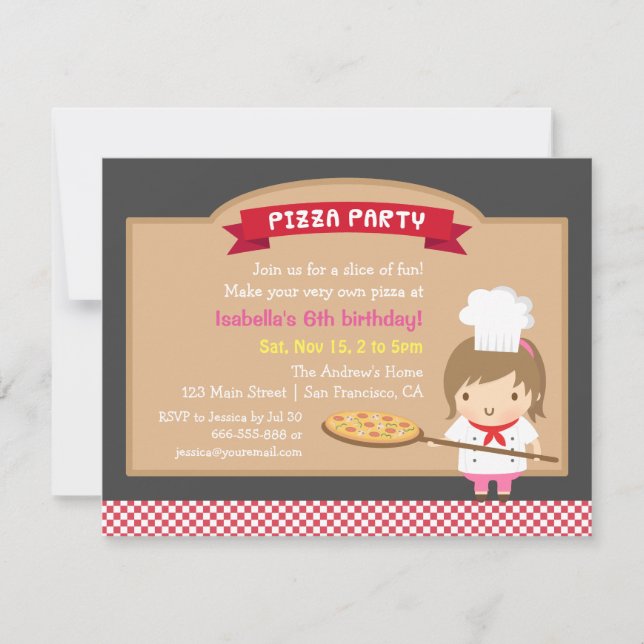 Cute Pizza Chef Fille Invitations À La Fête D'Anni (Devant)