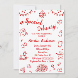Cute Pizza Special Delivery Doodle Baby Shower Einladung