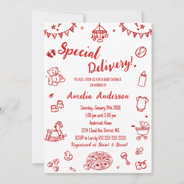 Cute Pizza Special Delivery Doodle Baby Shower Einladung (Vorderseite)