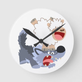 Cute Playful Cartoon Sheep and Wolf Wall Clock Runde Wanduhr