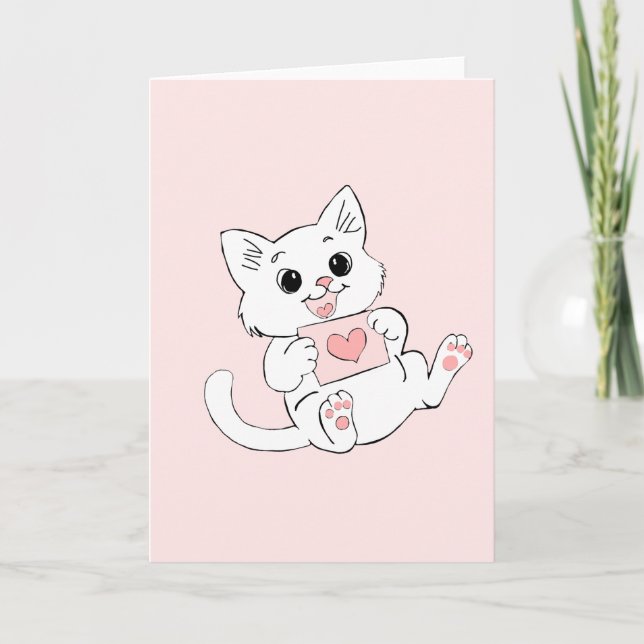 Cute Playful Kitten Holding Valentine Heart Card Karte (Vorderseite)