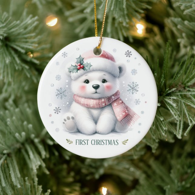 Cute Polar Bear First Christmas Keepsake Photo Keramik Ornament (Baum)