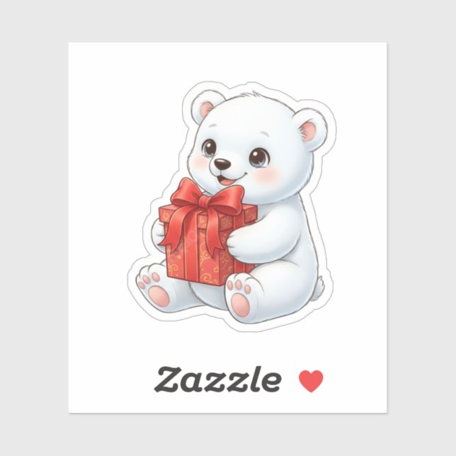 Cute Polar Bear Holding Christmas Present  Aufkleber (Blatt)
