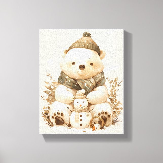 Cute Polar Bear With Snowman Canvas Nursery Decor Leinwanddruck (Vorderseite)