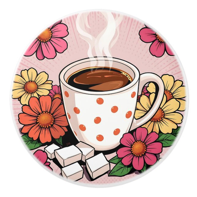 Cute Polka Dot Coffee Cup and Flowers Keramikknauf (Vorderseite)