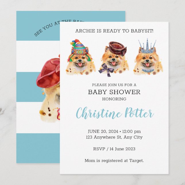 Cute Pomeranian thème Baby shower Invitation (Devant / Derrière)
