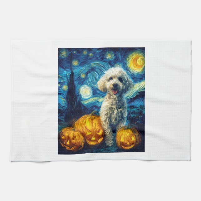 Cute Poodle Dog Halloween Jack O Lantern Pumpkin F Geschirrtuch (Horizontal)