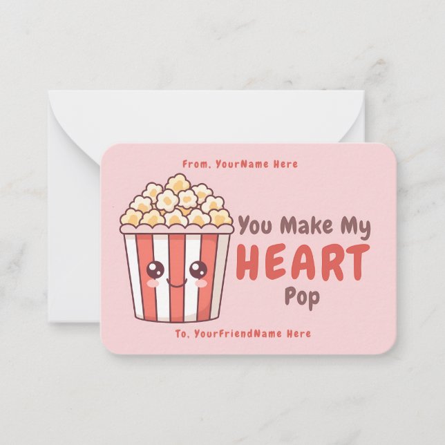 Cute Popcorn Valentine Classroom Note Card Mitteilungskarte (Vorderseite)
