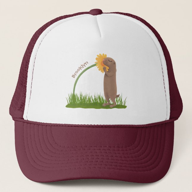 Cute prairie dog sniffing flower cartoon truckerkappe (Vorderseite)