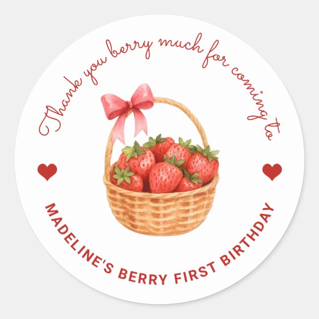 Cute Preppy Berry First Birthday Strawberry Favor Runder Aufkleber (Vorderseite)