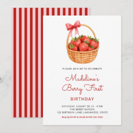 Cute Preppy Berry First Strawberry Birthday Einladung