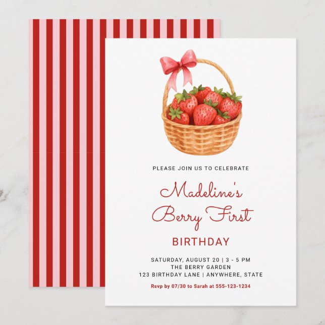 Cute Preppy Berry First Strawberry Birthday Einladung (Vorne/Hinten)