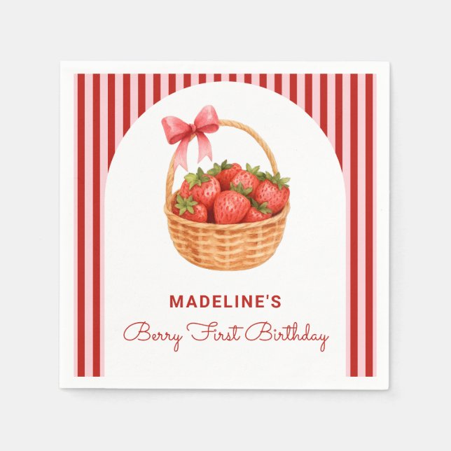 Cute Preppy Striped Berry First Birthday Serviette (Vorderseite)